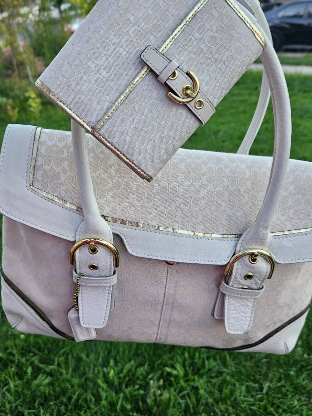 Vintage Coach Y2K Soho Buckle Cream Leather Buckle Satchel Shoulder Bag & Wallet